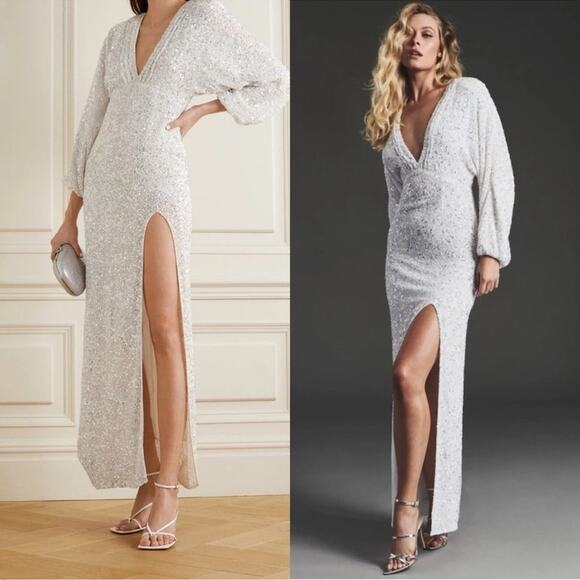 RETROFETE Camille Sequin Embellished Long Sleeve Deep V Maxi Dress Size Small - Picture 6 of 14